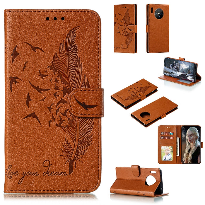 Estuche de cuero con tapa horizontal con textura de lichi y patrón de plumas con soporte, billetera y ranuras para tarjetas, For Huawei Mate 30, For Huawei Mate 30 Pro, For Huawei Mate 30 Lite / nova 5i Pro, For Xiaomi Redmi Note 8                     ...