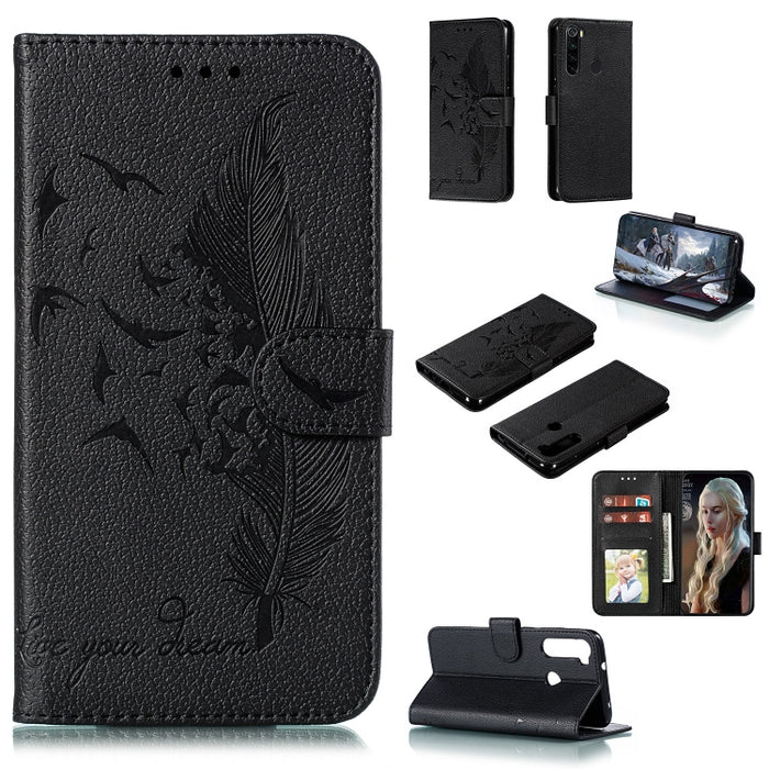 Estuche de cuero con tapa horizontal con textura de lichi y patrón de plumas con soporte, billetera y ranuras para tarjetas, For Huawei Mate 30, For Huawei Mate 30 Pro, For Huawei Mate 30 Lite / nova 5i Pro, For Xiaomi Redmi Note 8                     ...