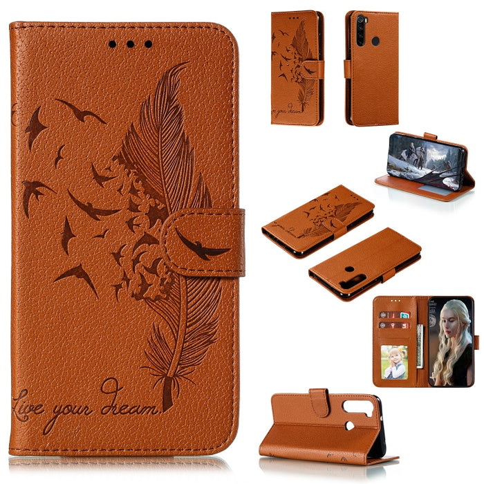 Estuche de cuero con tapa horizontal con textura de lichi y patrón de plumas con soporte, billetera y ranuras para tarjetas, For Huawei Mate 30, For Huawei Mate 30 Pro, For Huawei Mate 30 Lite / nova 5i Pro, For Xiaomi Redmi Note 8                     ...