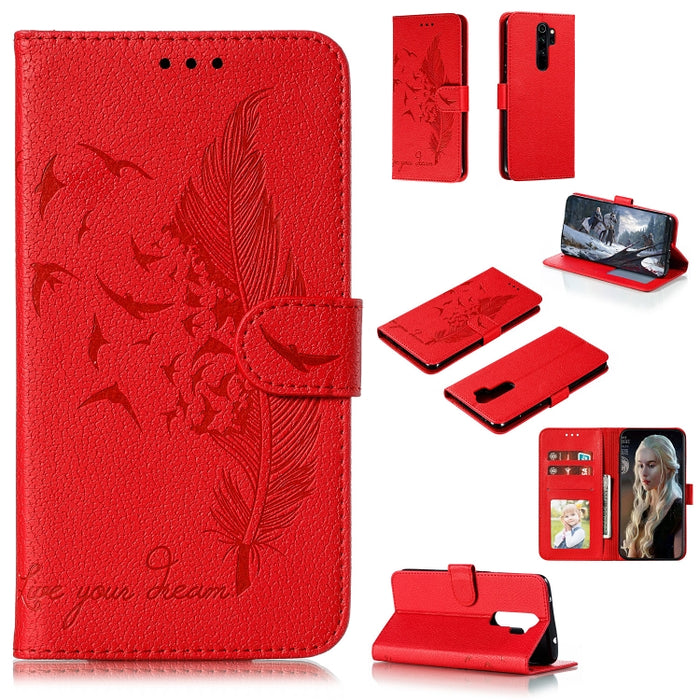 Estuche de cuero con tapa horizontal con textura de lichi y patrón de plumas con soporte, billetera y ranuras para tarjetas, For Huawei Mate 30, For Huawei Mate 30 Pro, For Huawei Mate 30 Lite / nova 5i Pro, For Xiaomi Redmi Note 8                     ...