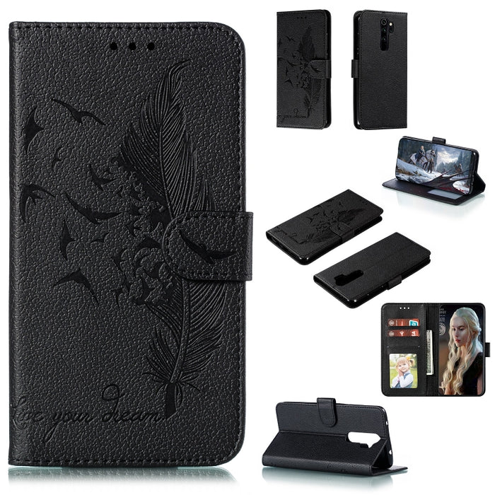 Estuche de cuero con tapa horizontal con textura de lichi y patrón de plumas con soporte, billetera y ranuras para tarjetas, For Huawei Mate 30, For Huawei Mate 30 Pro, For Huawei Mate 30 Lite / nova 5i Pro, For Xiaomi Redmi Note 8                     ...