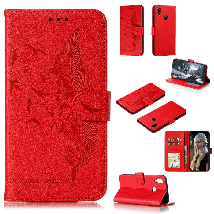 Estuche de cuero con tapa horizontal con textura de lichi y patrón de plumas con soporte, billetera y ranuras para tarjetas, For Huawei Mate 30, For Huawei Mate 30 Pro, For Huawei Mate 30 Lite / nova 5i Pro, For Xiaomi Redmi Note 8                     ...