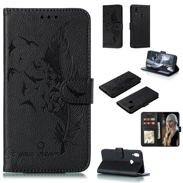 Estuche de cuero con tapa horizontal con textura de lichi y patrón de plumas con soporte, billetera y ranuras para tarjetas, For Huawei Mate 30, For Huawei Mate 30 Pro, For Huawei Mate 30 Lite / nova 5i Pro, For Xiaomi Redmi Note 8                     ...