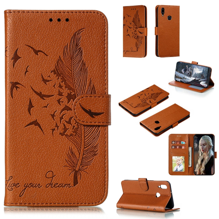 Estuche de cuero con tapa horizontal con textura de lichi y patrón de plumas con soporte, billetera y ranuras para tarjetas, For Huawei Mate 30, For Huawei Mate 30 Pro, For Huawei Mate 30 Lite / nova 5i Pro, For Xiaomi Redmi Note 8                     ...