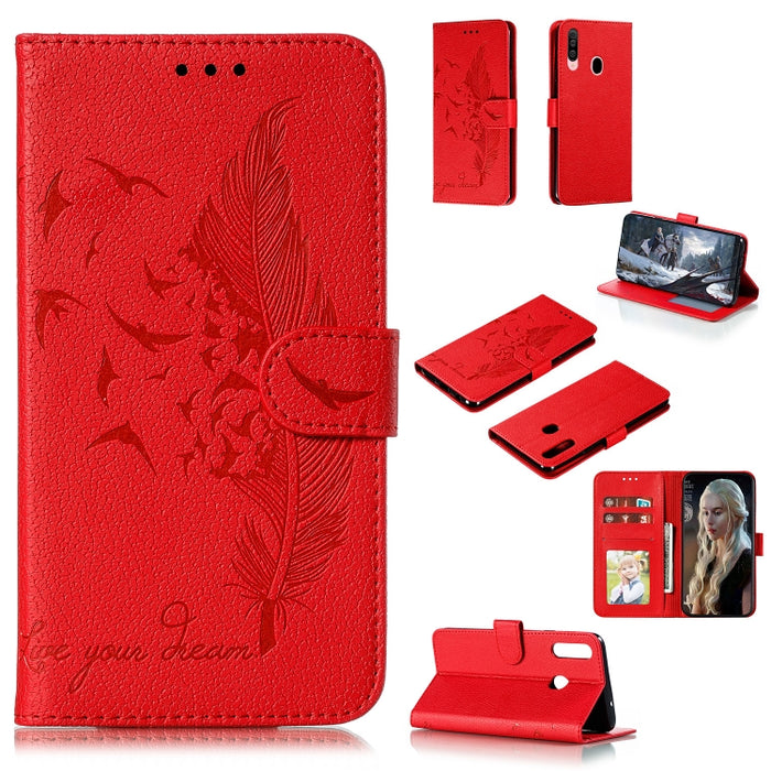 Estuche de cuero con tapa horizontal con textura de lichi y patrón de plumas con soporte, billetera y ranuras para tarjetas, For Huawei Mate 30, For Huawei Mate 30 Pro, For Huawei Mate 30 Lite / nova 5i Pro, For Xiaomi Redmi Note 8                     ...