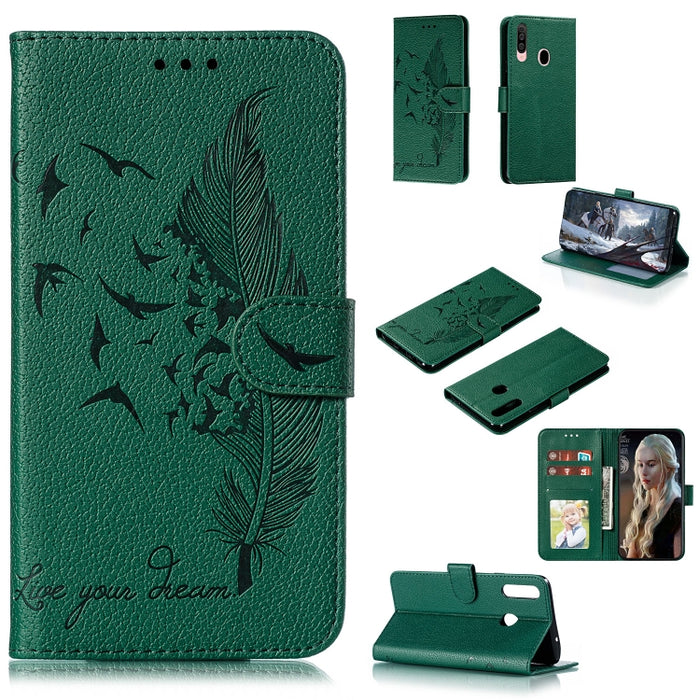 Estuche de cuero con tapa horizontal con textura de lichi y patrón de plumas con soporte, billetera y ranuras para tarjetas, For Huawei Mate 30, For Huawei Mate 30 Pro, For Huawei Mate 30 Lite / nova 5i Pro, For Xiaomi Redmi Note 8                     ...