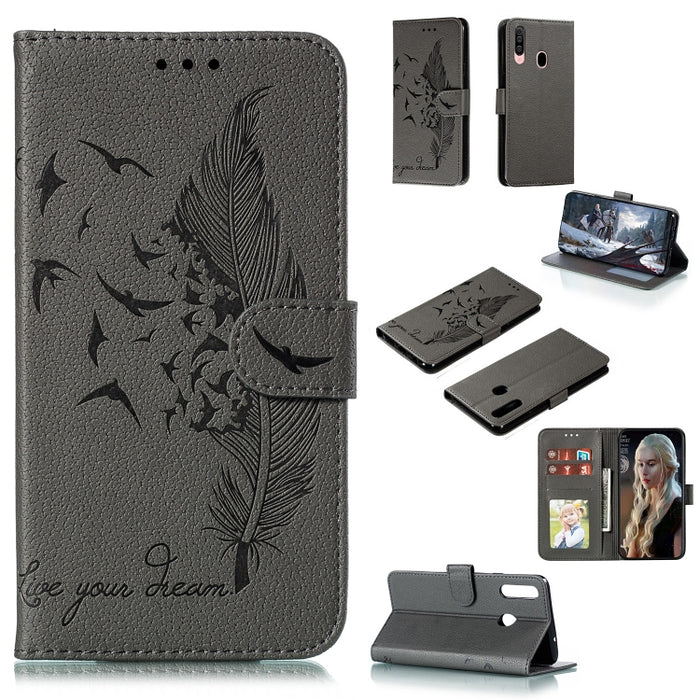 Estuche de cuero con tapa horizontal con textura de lichi y patrón de plumas con soporte, billetera y ranuras para tarjetas, For Huawei Mate 30, For Huawei Mate 30 Pro, For Huawei Mate 30 Lite / nova 5i Pro, For Xiaomi Redmi Note 8                     ...
