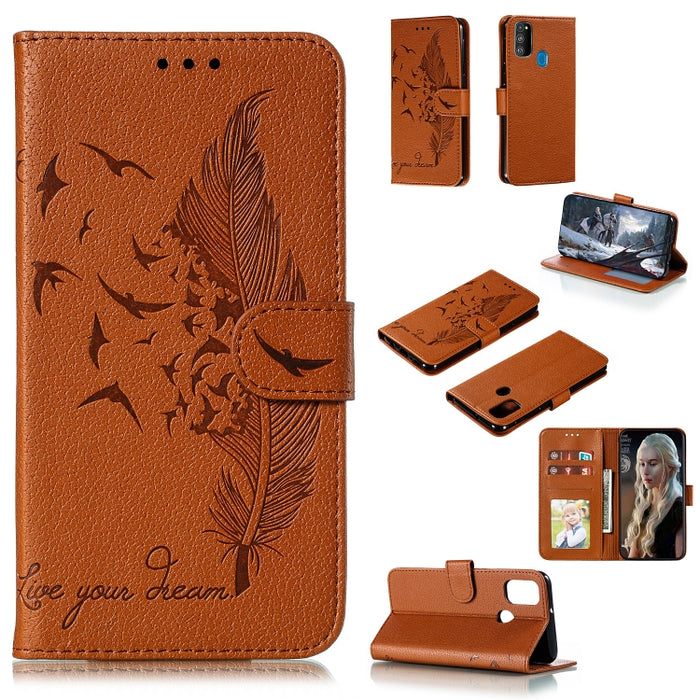 Estuche de cuero con tapa horizontal con textura de lichi y patrón de plumas con soporte, billetera y ranuras para tarjetas, For Huawei Mate 30, For Huawei Mate 30 Pro, For Huawei Mate 30 Lite / nova 5i Pro, For Xiaomi Redmi Note 8                     ...
