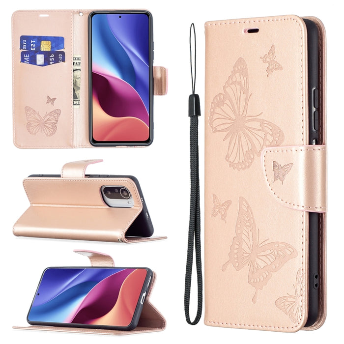 Estuche de cuero con tapa horizontal con estampado de dos mariposas con soporte, ranura para tarjeta, billetera y cordón, For Xiaomi Mi 11i / Poco F3 / Redmi K40