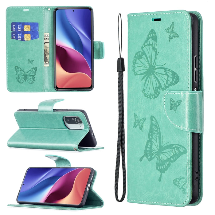 Estuche de cuero con tapa horizontal con estampado de dos mariposas con soporte, ranura para tarjeta, billetera y cordón, For Xiaomi Mi 11i / Poco F3 / Redmi K40
