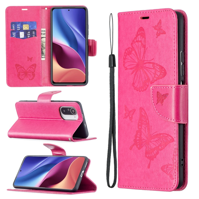 Estuche de cuero con tapa horizontal con estampado de dos mariposas con soporte, ranura para tarjeta, billetera y cordón, For Xiaomi Mi 11i / Poco F3 / Redmi K40