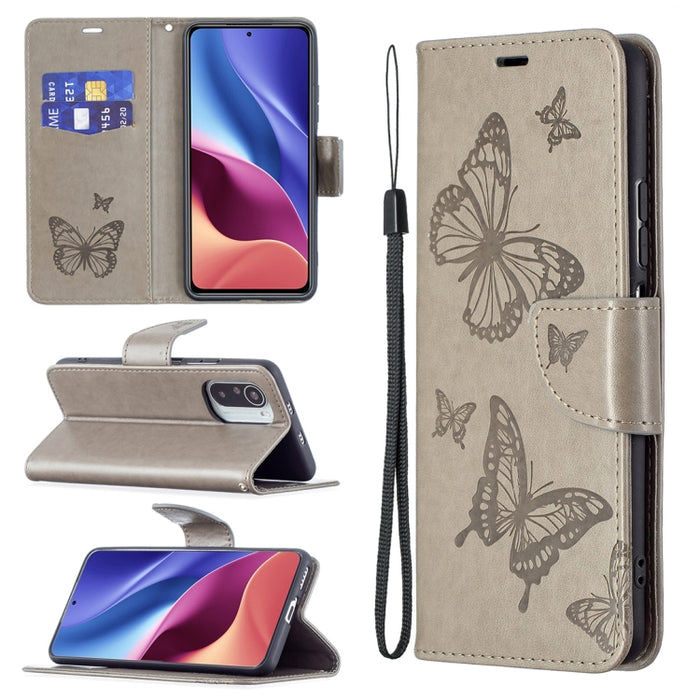 Estuche de cuero con tapa horizontal con estampado de dos mariposas con soporte, ranura para tarjeta, billetera y cordón, For Xiaomi Mi 11i / Poco F3 / Redmi K40
