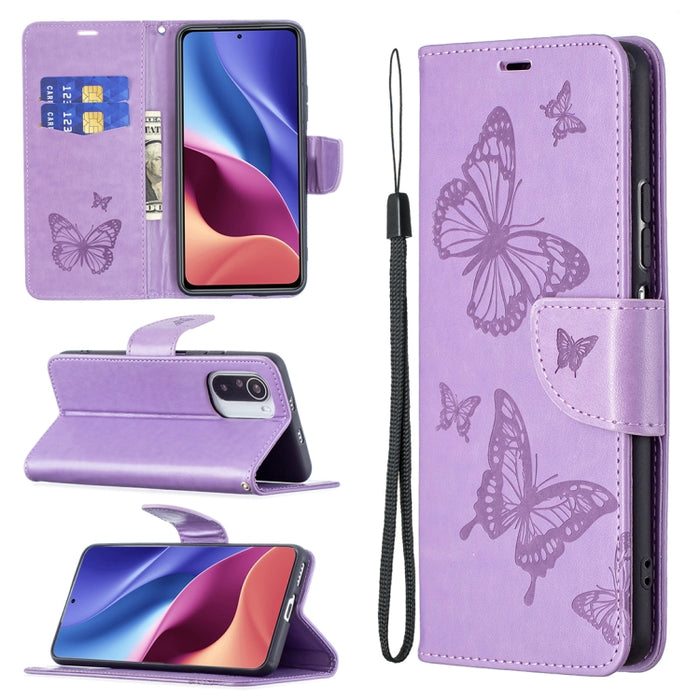 Estuche de cuero con tapa horizontal con estampado de dos mariposas con soporte, ranura para tarjeta, billetera y cordón, For Xiaomi Mi 11i / Poco F3 / Redmi K40