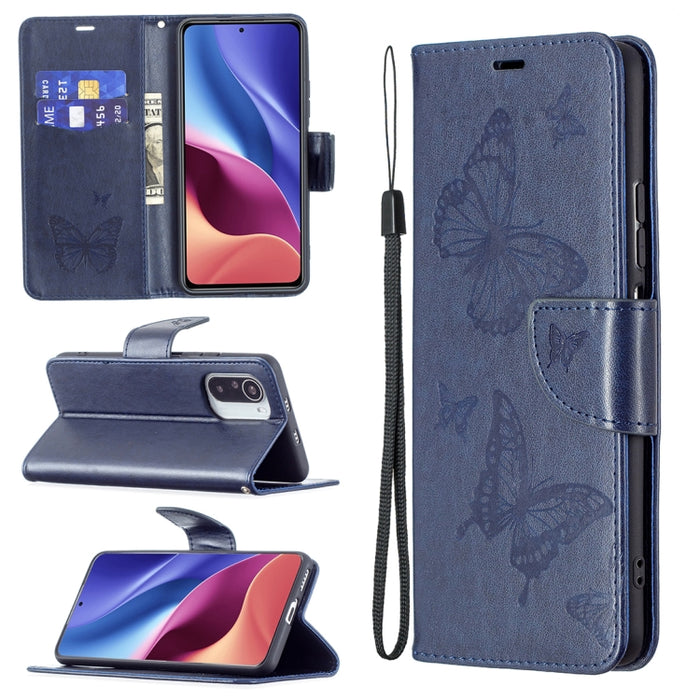 Estuche de cuero con tapa horizontal con estampado de dos mariposas con soporte, ranura para tarjeta, billetera y cordón, For Xiaomi Mi 11i / Poco F3 / Redmi K40