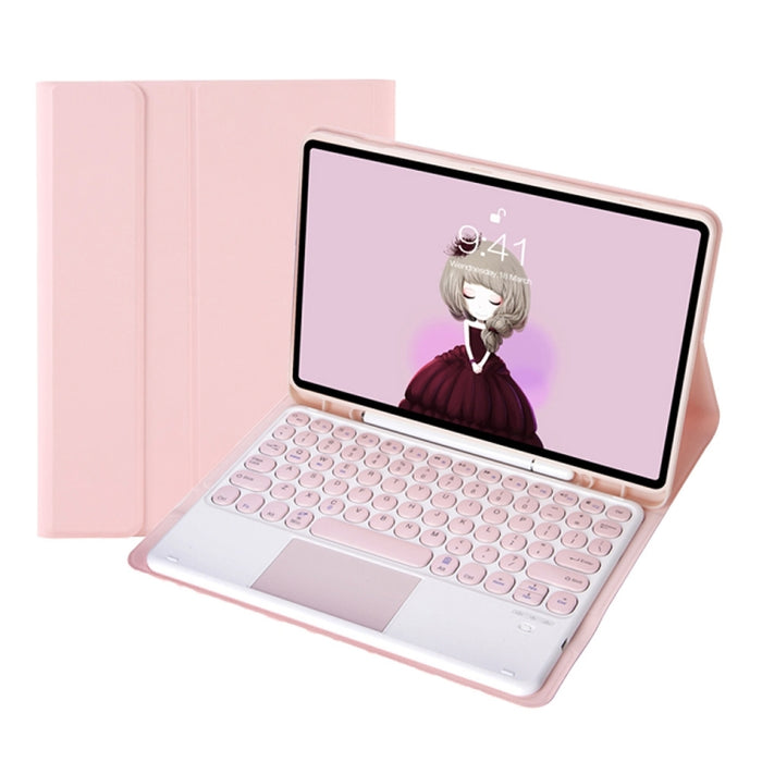 YT098B-A Funda de cuero con teclado Bluetooth desmontable con textura de piel de color caramelo y teclado redondo con control táctil y ranura para bolígrafo y soporte