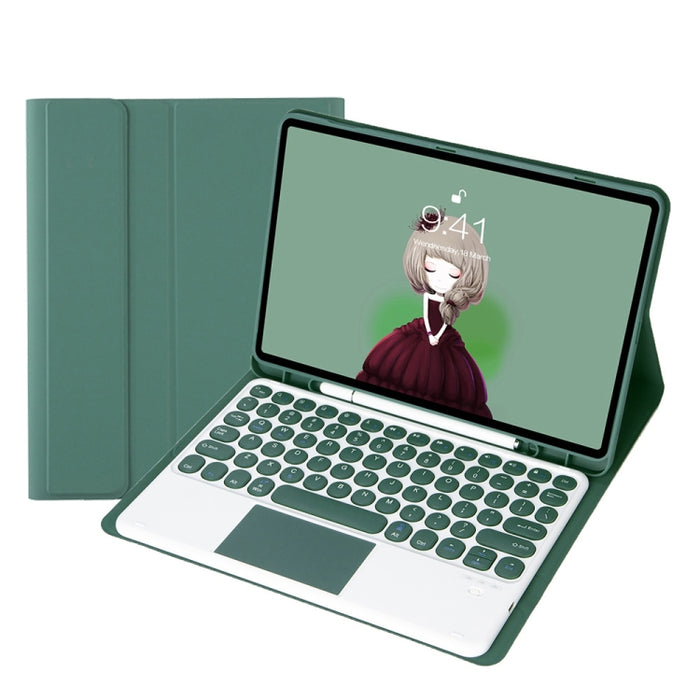 YT098B-A Funda de cuero con teclado Bluetooth desmontable con textura de piel de color caramelo y teclado redondo con control táctil y ranura para bolígrafo y soporte