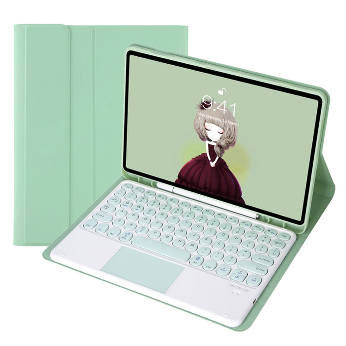 YT098B-A Funda de cuero con teclado Bluetooth desmontable con textura de piel de color caramelo y teclado redondo con control táctil y ranura para bolígrafo y soporte