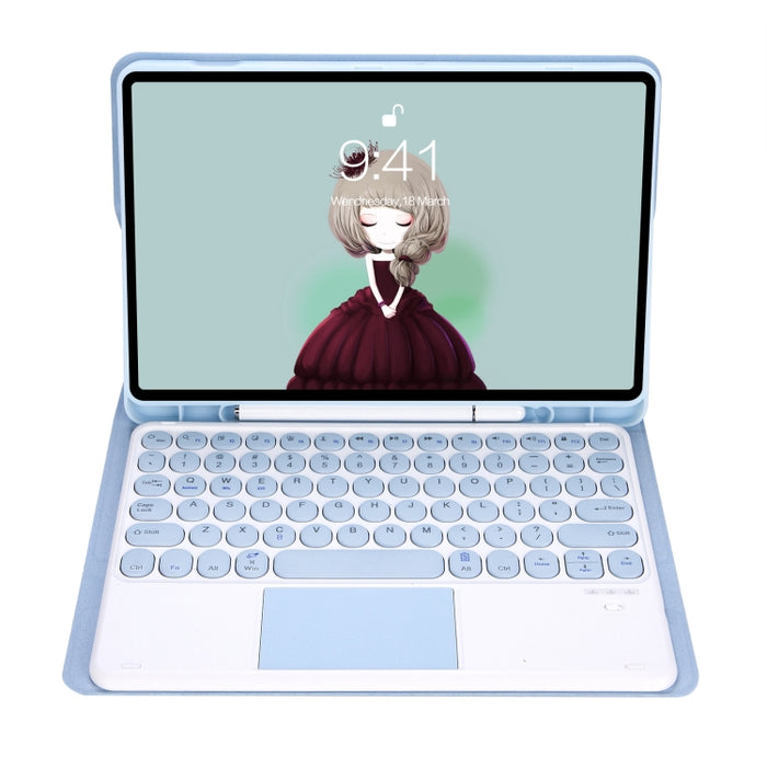 YT098B-A Funda de cuero con teclado Bluetooth desmontable con textura de piel de color caramelo y teclado redondo con control táctil y ranura para bolígrafo y soporte