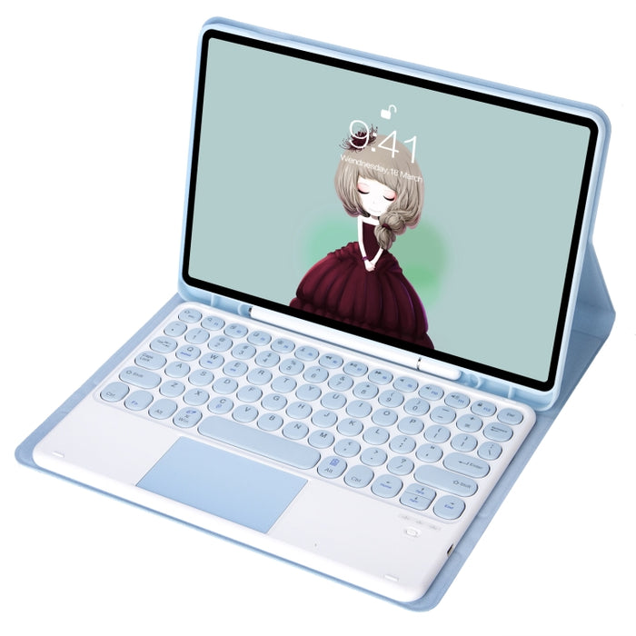 YT098B-A Funda de cuero con teclado Bluetooth desmontable con textura de piel de color caramelo y teclado redondo con control táctil y ranura para bolígrafo y soporte