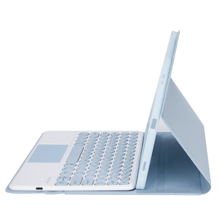 YT098B-A Funda de cuero con teclado Bluetooth desmontable con textura de piel de color caramelo y teclado redondo con control táctil y ranura para bolígrafo y soporte