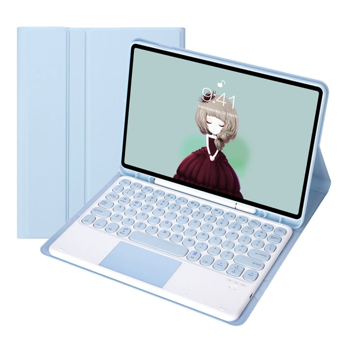 YT098B-A Funda de cuero con teclado Bluetooth desmontable con textura de piel de color caramelo y teclado redondo con control táctil y ranura para bolígrafo y soporte