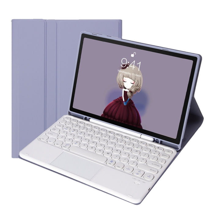 YT098B-A Funda de cuero con teclado Bluetooth desmontable con textura de piel de color caramelo y teclado redondo con control táctil y ranura para bolígrafo y soporte