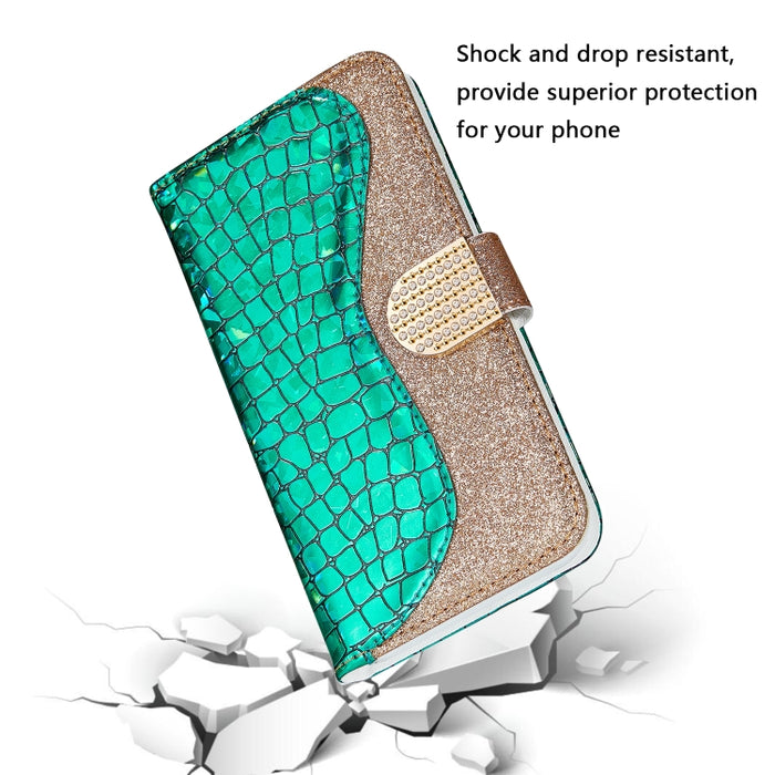 Estuche de cuero con tapa horizontal con textura de cocodrilo a juego con polvo de brillo láser con ranuras para tarjetas y soporte y billetera, For Xiaomi Redmi Note 9 5G, For Xiaomi Redmi Note 10 4G, For Xiaomi Redmi Note 10 Pro                      ...