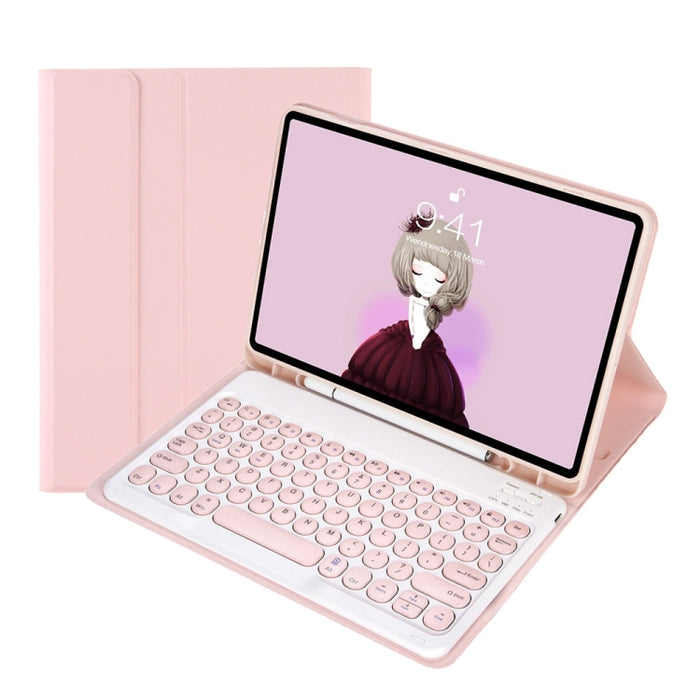 YT098B Desmontable Candy Color Skin Texture Round Keycap Teclado Bluetooth Estuche de cuero con ranura para bolígrafo y soporte