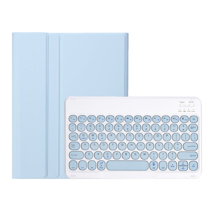 YT098B Desmontable Candy Color Skin Texture Round Keycap Teclado Bluetooth Estuche de cuero con ranura para bolígrafo y soporte