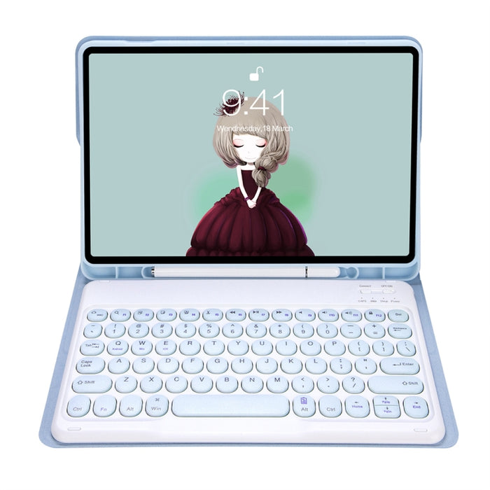 YT098B Desmontable Candy Color Skin Texture Round Keycap Teclado Bluetooth Estuche de cuero con ranura para bolígrafo y soporte