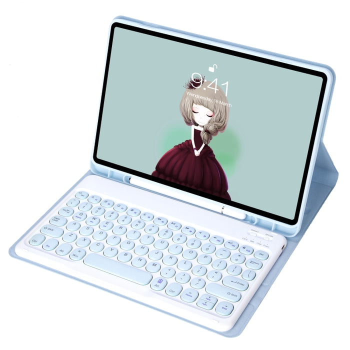 YT098B Desmontable Candy Color Skin Texture Round Keycap Teclado Bluetooth Estuche de cuero con ranura para bolígrafo y soporte