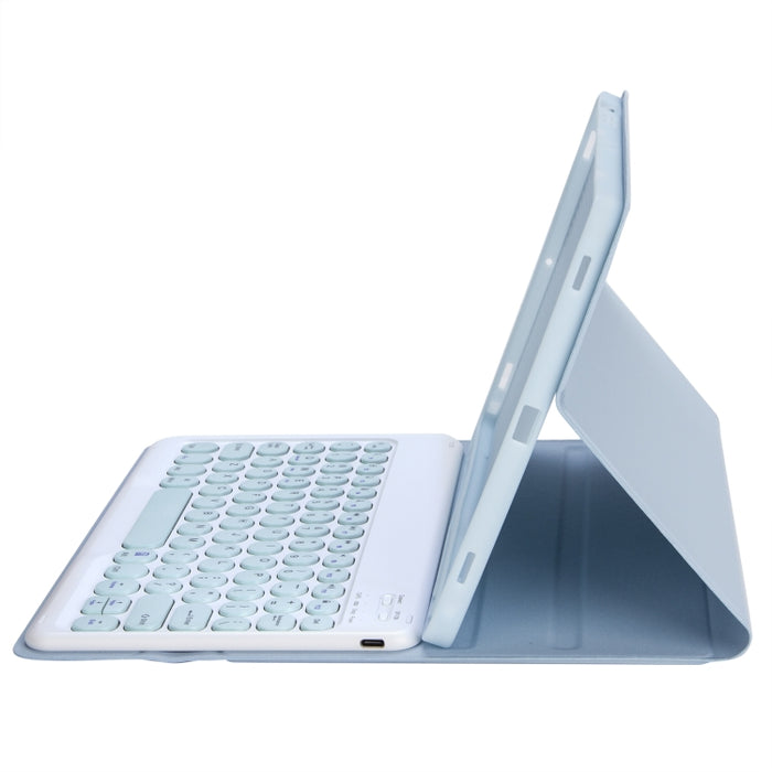 YT098B Desmontable Candy Color Skin Texture Round Keycap Teclado Bluetooth Estuche de cuero con ranura para bolígrafo y soporte