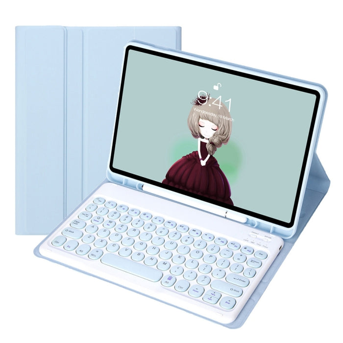 YT098B Desmontable Candy Color Skin Texture Round Keycap Teclado Bluetooth Estuche de cuero con ranura para bolígrafo y soporte