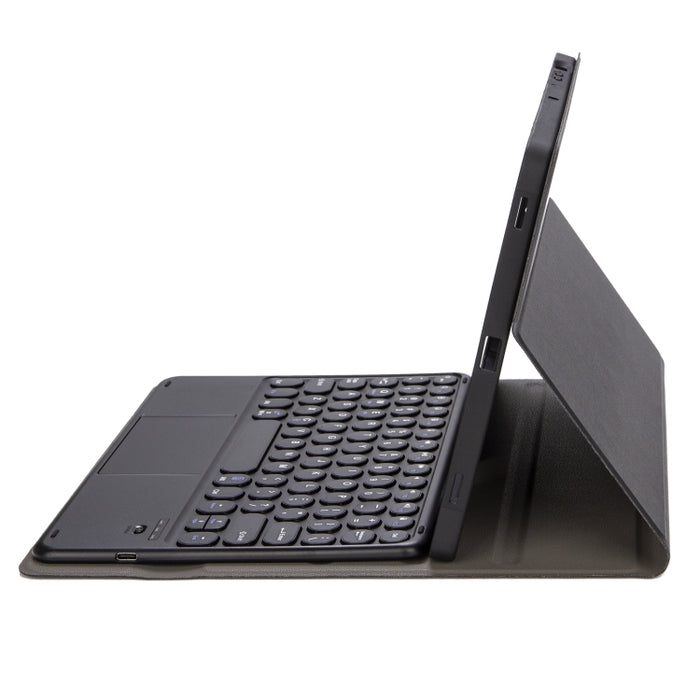 YA098B-A Estuche de cuero para teclado Bluetooth con textura de piel de cordero desmontable y teclado redondo con control táctil y ranura para bolígrafo y soporte