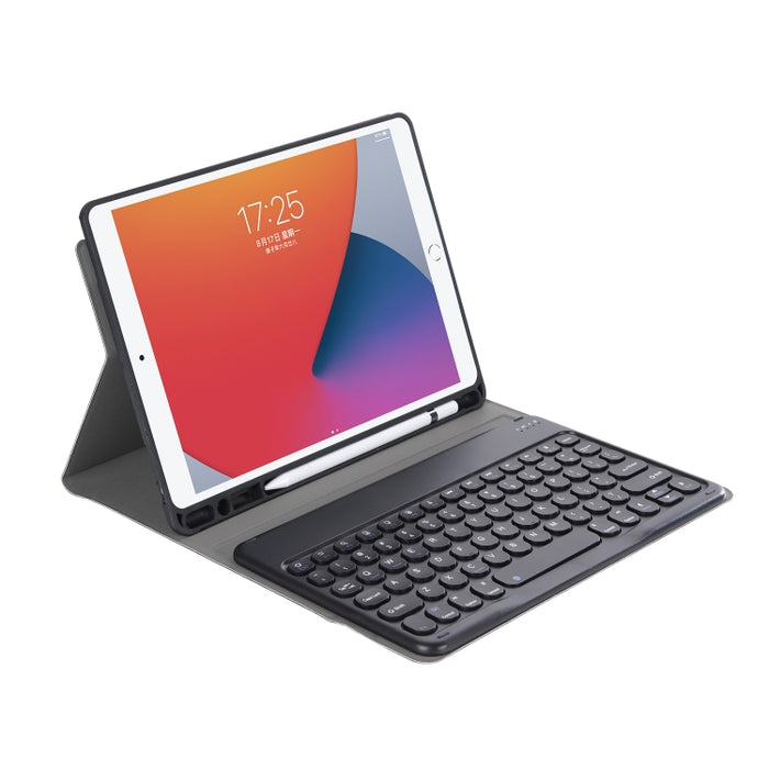 YA098B Estuche de cuero con teclado Bluetooth y teclado redondo con textura de piel de cordero desmontable con ranura para bolígrafo y soporte