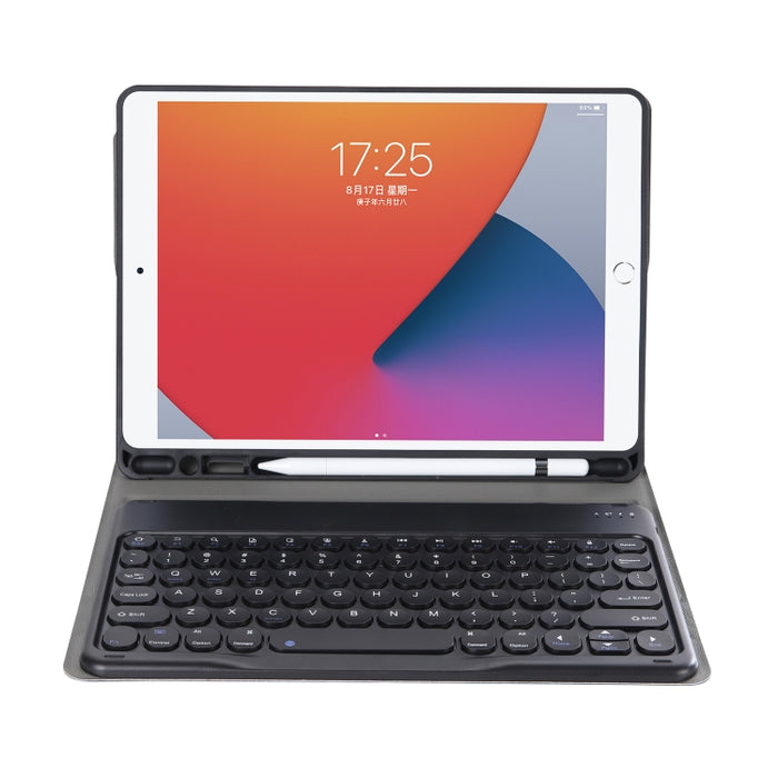 YA098B Estuche de cuero con teclado Bluetooth y teclado redondo con textura de piel de cordero desmontable con ranura para bolígrafo y soporte