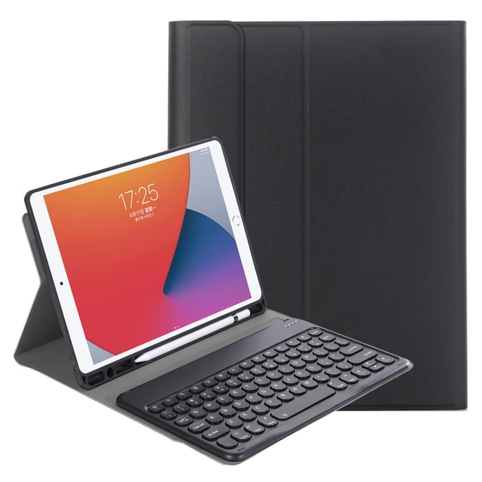YA098B Estuche de cuero con teclado Bluetooth y teclado redondo con textura de piel de cordero desmontable con ranura para bolígrafo y soporte