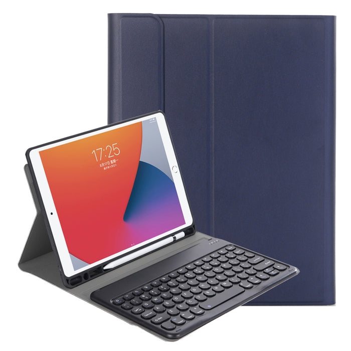 YA098B Estuche de cuero con teclado Bluetooth y teclado redondo con textura de piel de cordero desmontable con ranura para bolígrafo y soporte
