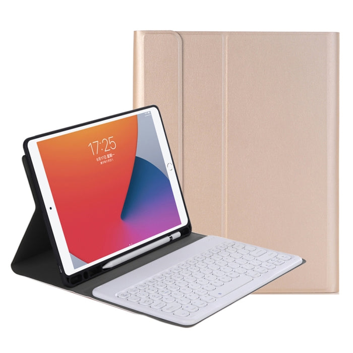 YA098B Estuche de cuero con teclado Bluetooth y teclado redondo con textura de piel de cordero desmontable con ranura para bolígrafo y soporte