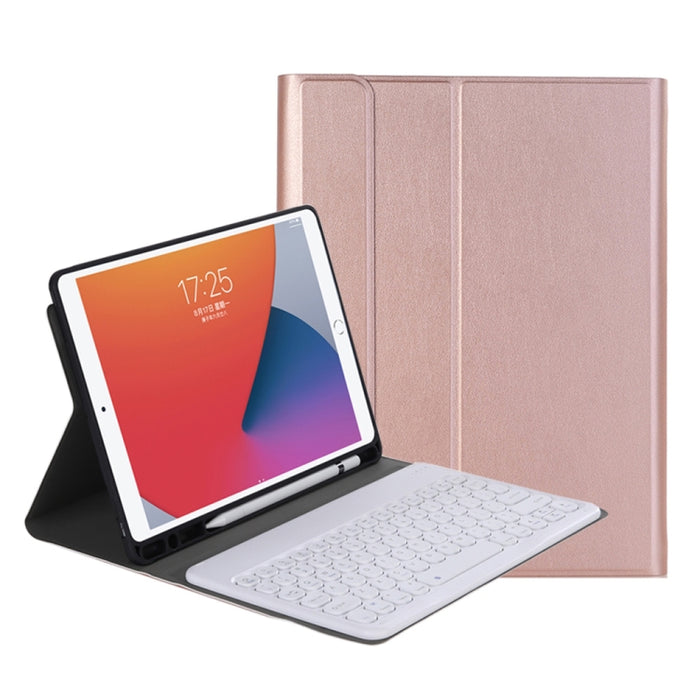 YA098B Estuche de cuero con teclado Bluetooth y teclado redondo con textura de piel de cordero desmontable con ranura para bolígrafo y soporte