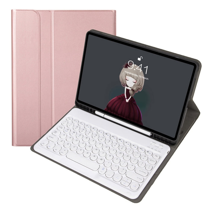 YA098B Estuche de cuero con teclado Bluetooth y teclado redondo con textura de piel de cordero desmontable con ranura para bolígrafo y soporte
