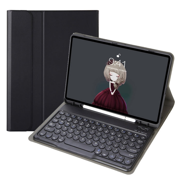 YA098B Estuche de cuero con teclado Bluetooth y teclado redondo con textura de piel de cordero desmontable con ranura para bolígrafo y soporte