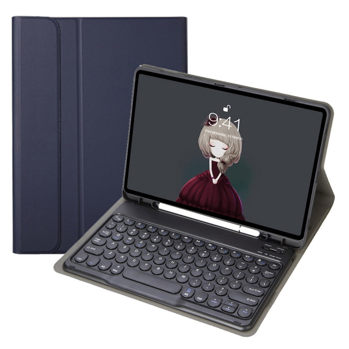 YA098B Estuche de cuero con teclado Bluetooth y teclado redondo con textura de piel de cordero desmontable con ranura para bolígrafo y soporte