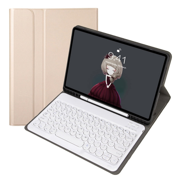 YA098B Estuche de cuero con teclado Bluetooth y teclado redondo con textura de piel de cordero desmontable con ranura para bolígrafo y soporte
