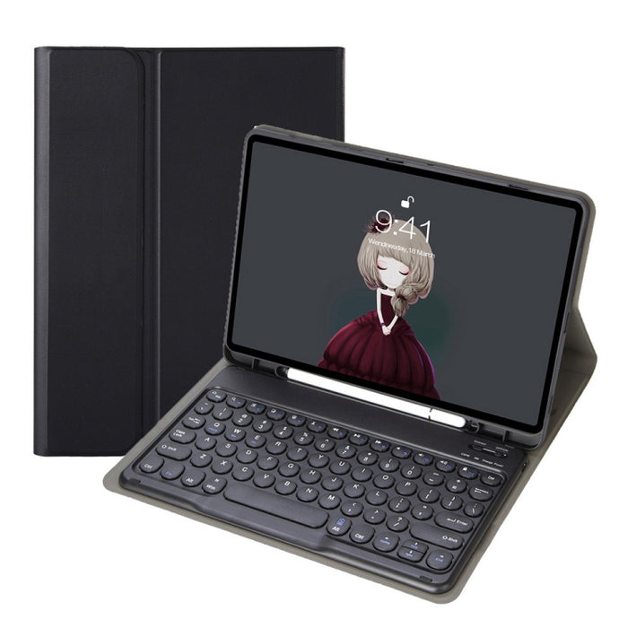 YA098B Estuche de cuero con teclado Bluetooth y teclado redondo con textura de piel de cordero desmontable con ranura para bolígrafo y soporte