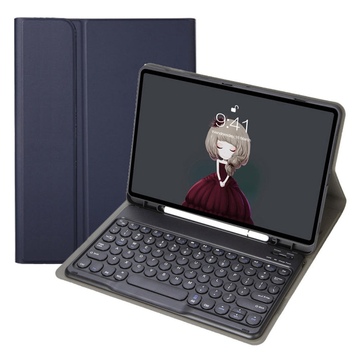 YA098B Estuche de cuero con teclado Bluetooth y teclado redondo con textura de piel de cordero desmontable con ranura para bolígrafo y soporte