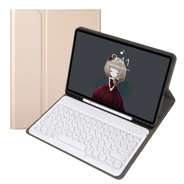 YA098B Estuche de cuero con teclado Bluetooth y teclado redondo con textura de piel de cordero desmontable con ranura para bolígrafo y soporte