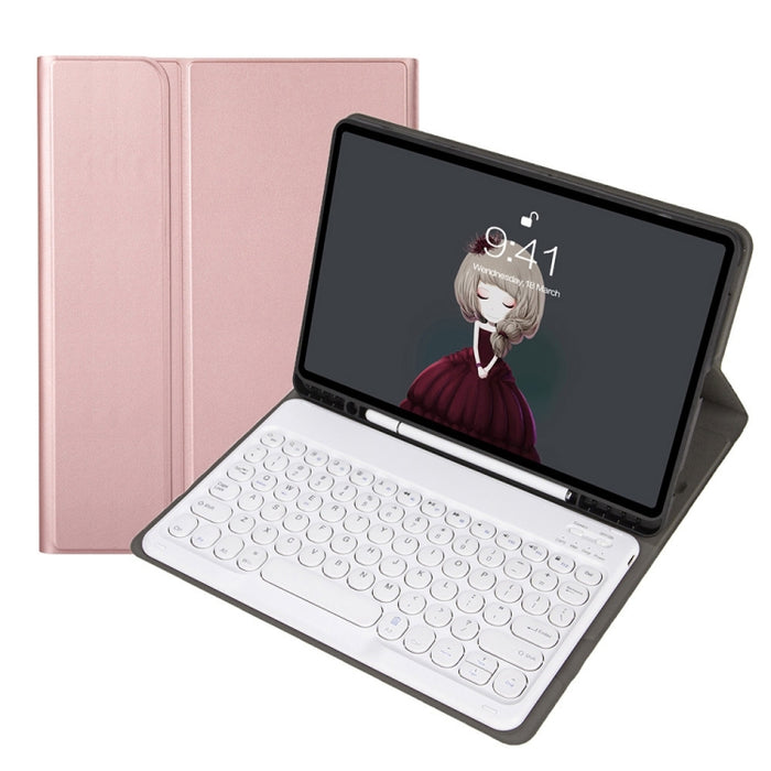 YA098B Estuche de cuero con teclado Bluetooth y teclado redondo con textura de piel de cordero desmontable con ranura para bolígrafo y soporte