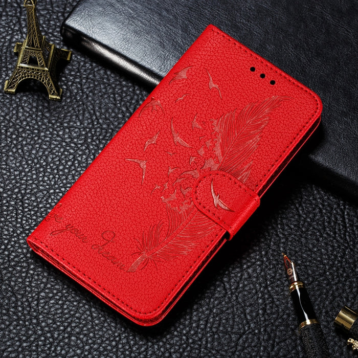 Estuche de cuero con tapa horizontal con patrón de relieve de plumas con textura de litchi con soporte y ranuras para tarjetas y billetera y marco de fotos y cordón, For Samsung Galaxy A22 4G, For Samsung Galaxy A22 5G, For Samsung Galaxy A82 5G       ...