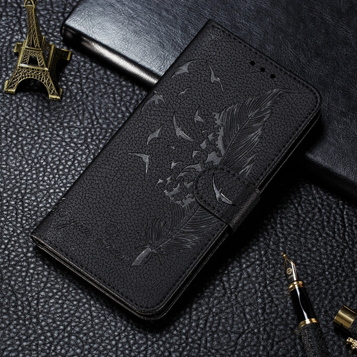 Estuche de cuero con tapa horizontal con patrón de relieve de plumas con textura de litchi con soporte y ranuras para tarjetas y billetera y marco de fotos y cordón, For Samsung Galaxy A22 4G, For Samsung Galaxy A22 5G, For Samsung Galaxy A82 5G       ...